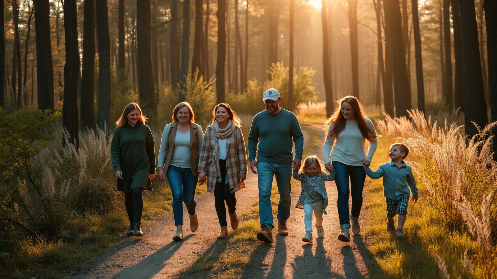 Familien gehen gemeinsam einen sonnigen Waldweg entlang