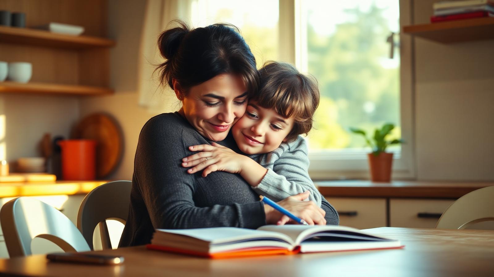 Mutter umarmt ihr Kind nach den Hausaufgaben am Küchentisch