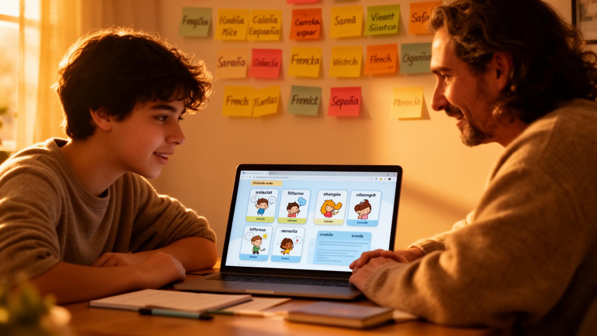 Jugendlicher lernt mit einem Elternteil gemeinsam eine neue Sprache am Laptop
